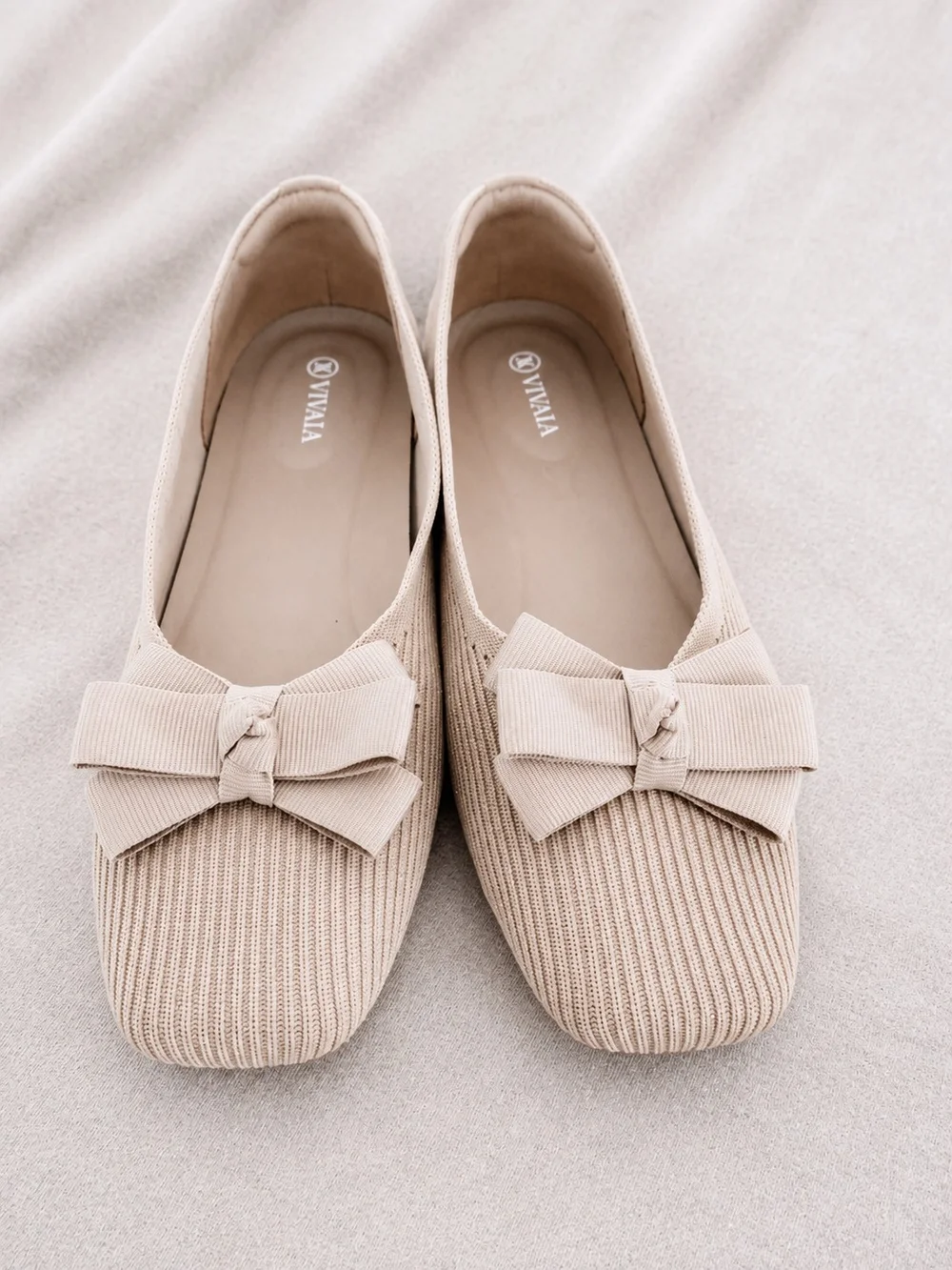 VIVAIA Women’s Ballet Flats 41.5 Beige Gold Metallic Sparkle Knit Bow Square Toe